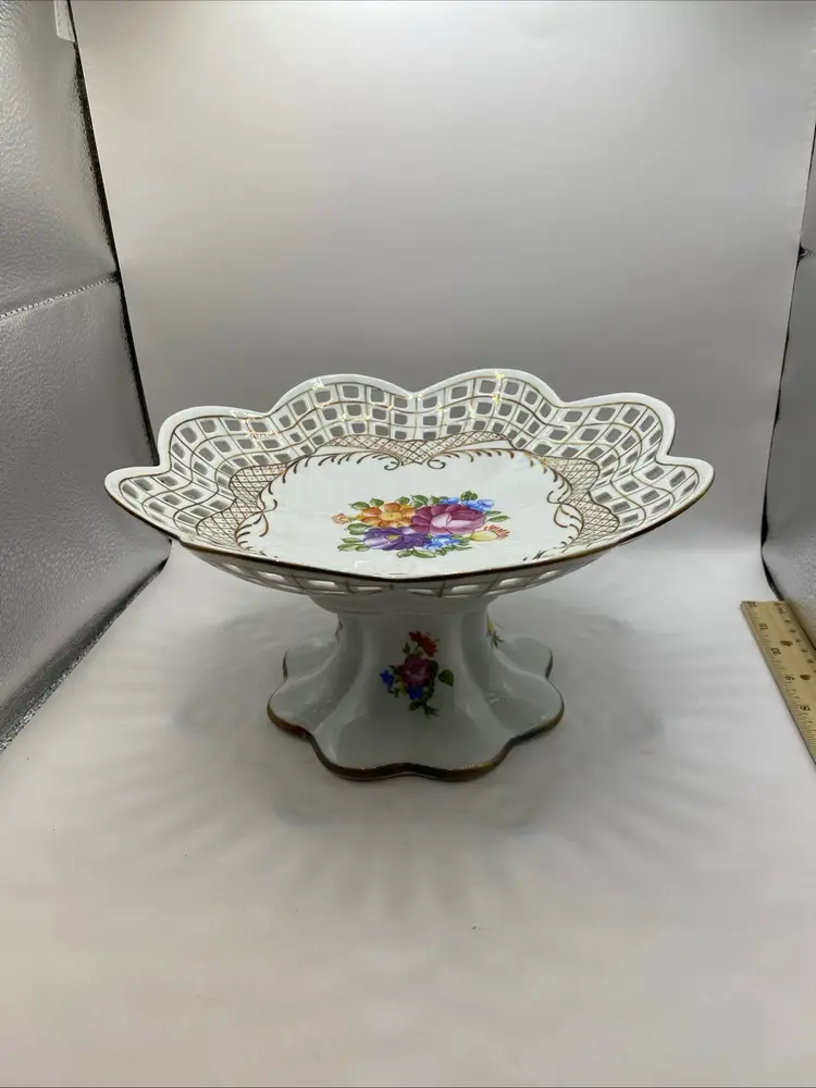 Dresden Porcelain Multicolor Applied Flowers Hand-painted Compote Bowl Dish
