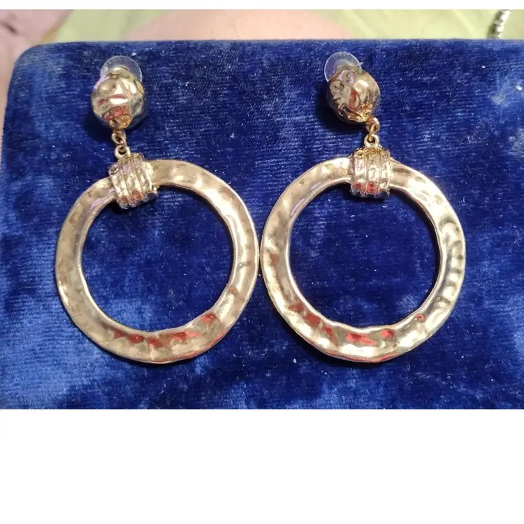 Vintage Large Goldtone Hammered Pierced Designer Made Earrings Modern Boho