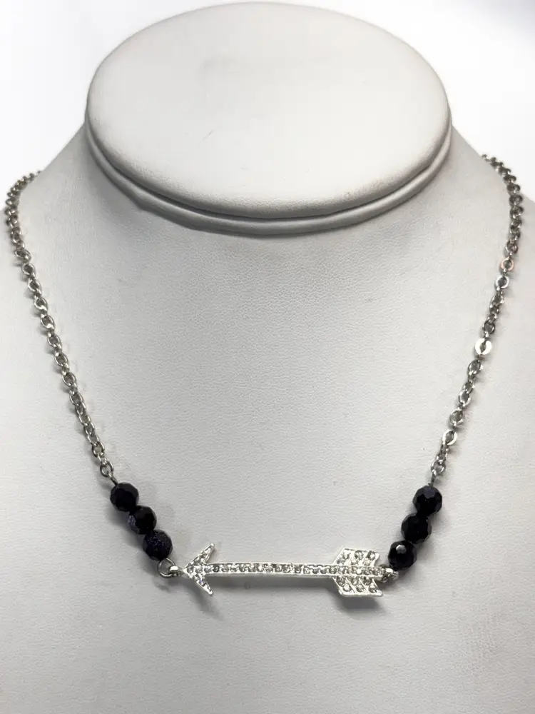Vintage rhinestone arrow blue metallic sandstone semi precious bead necklace