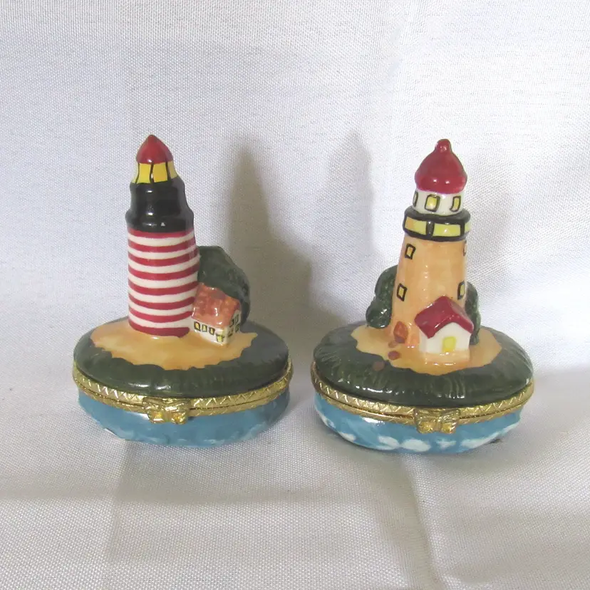 2 Young 2001 Ceramic Lighthouse Hinged Trinket Boxes