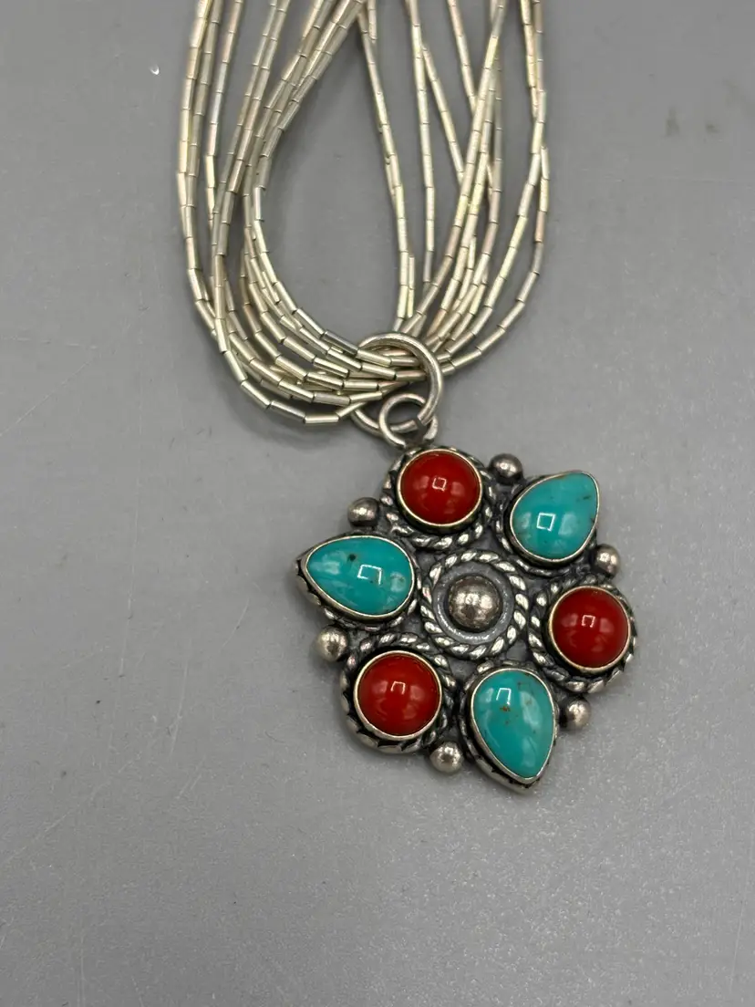 Turquoise & Coral Pendant on multi strand necklace