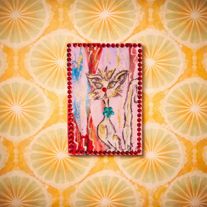 Vintage Folk Art Cat Mini Oil Painting 4x6 Rhinestone Kitsch Retro Wall Art