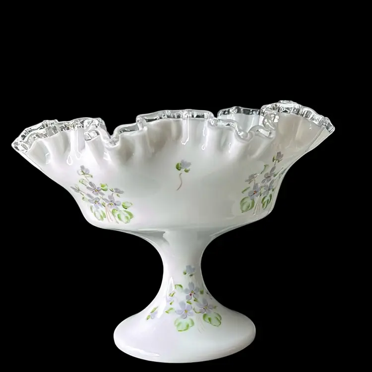Vintage Fenton Hand Painted Silver Crest Edge (Glows) Compote