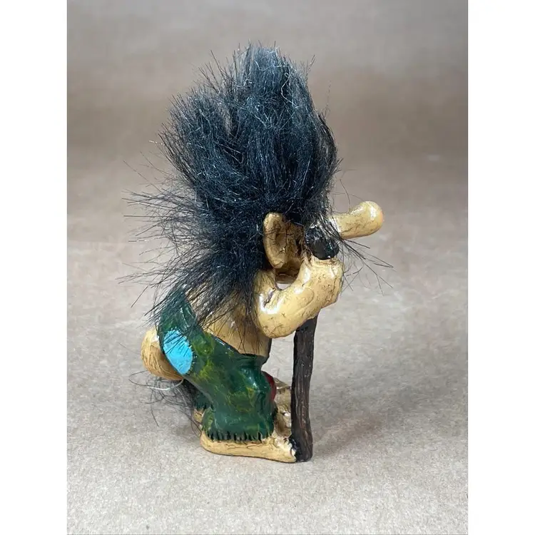 Troll Figurine with Long Nosed Bare Chested Resin Wearing Suspenders and  Holding Walking Hiking Stick