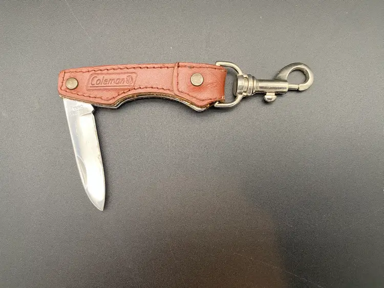 Coleman VTG Single Blade Folding Pocket Knife Keychain w/ Brown Leather Handle