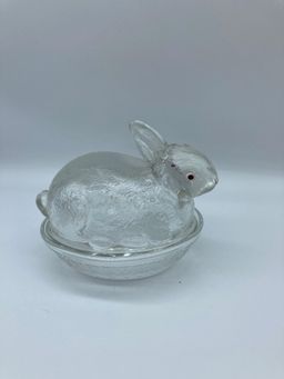 Small Clear Bunny on Nest with Red Eyes