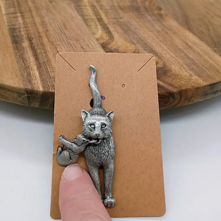 Vintage JJ Jonette Jewelry Pewter Cat Carrying Kitten Pin Brooch Signed.