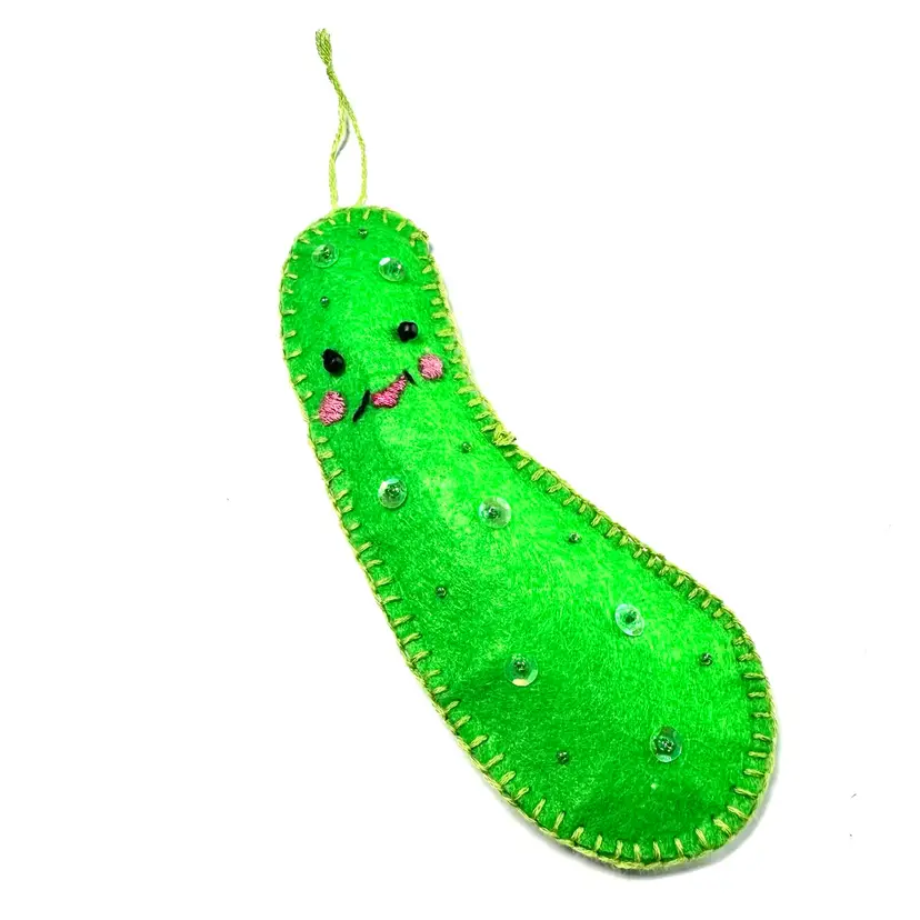Felt Pickle Ornament Handmade Embroidery Beaded 5.5”L