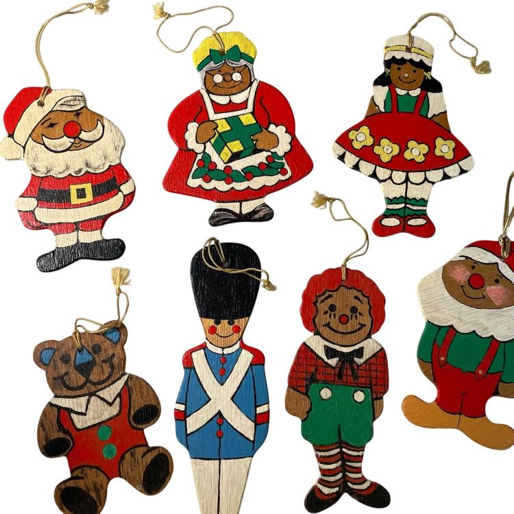 Vintage Set of 7 Wooden Painted Christmas Ornaments, Toys, Santa, Mrs. Claus, Elf