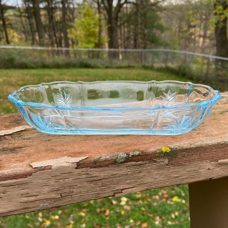 Vintage Fostoria Baroque Relish Dish in Azure Blue #2496. 8”l x 4”w x 1”h.