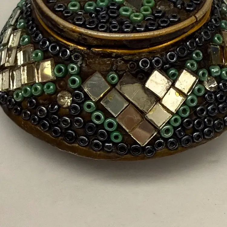Small Round Green Mirror Trinket Box with Beads India