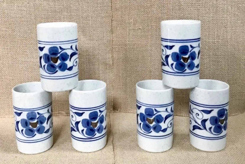 Vintage Hacienda By Hozan Otagiri Handleless Mug Set Speckled Blue Floral Cups