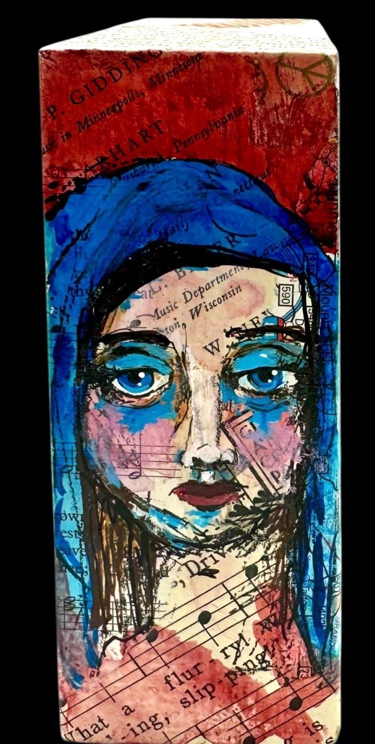 Handmade Abstract Collage Block Sculpture Woodpecker Bird Girl Sheet Music 5"