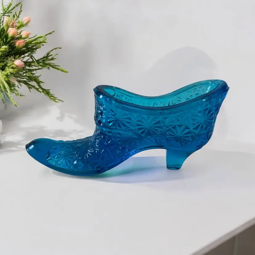 Vintage Fenton Deep Aqua Blue Glass Shoe Slipper in Daisy Button Pattern. 1970s Art Glass Collectibles.