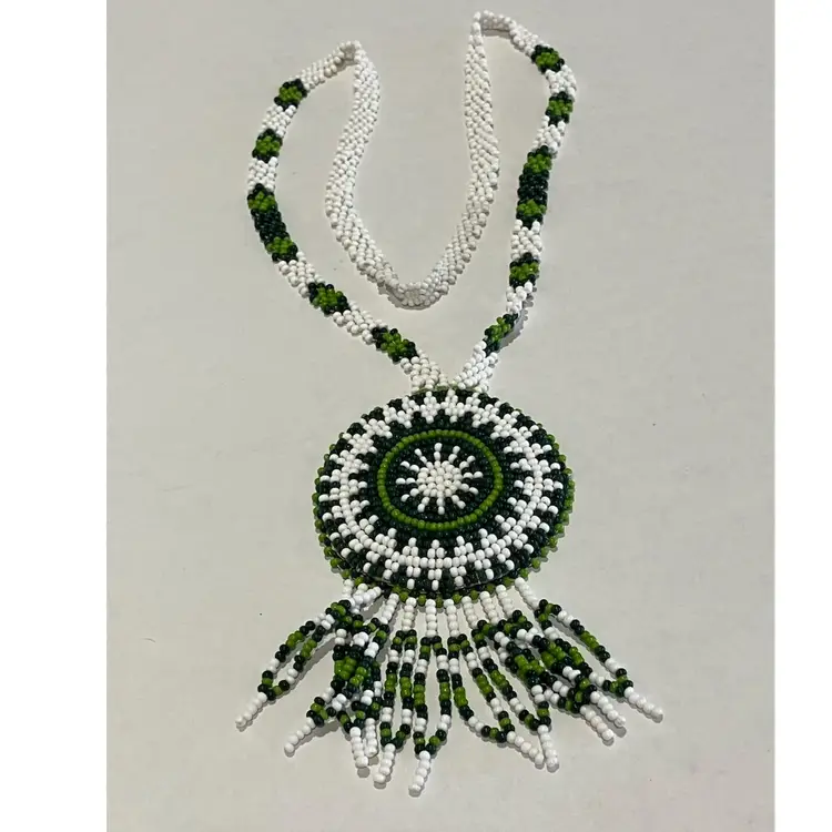 Vintage Green And White Seed Bead Native American Necklace