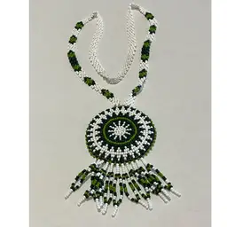 Vintage Green And White Seed Bead Native American Necklace