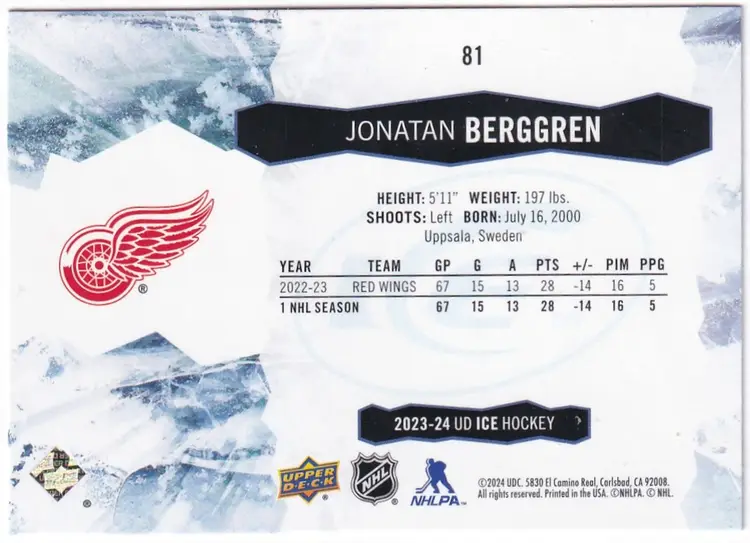 2023-24 Upper Deck Ice Green #81 Jonatan Berggren Detroit Red Wings Hockey Card