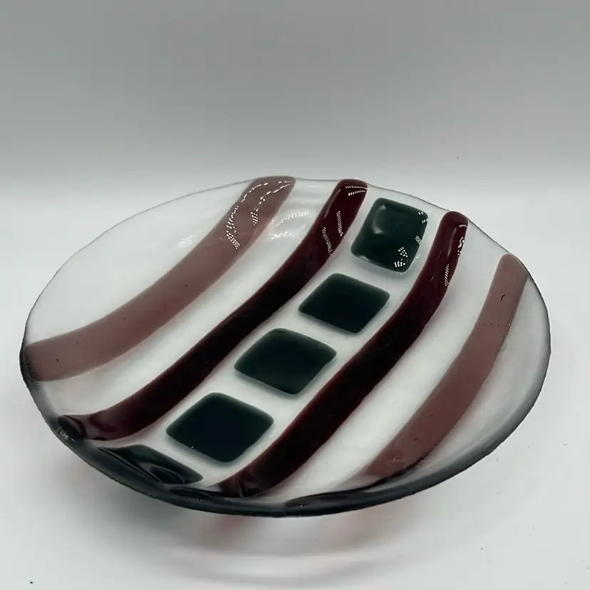 Fused Glass Plate Green Signed & Burgundy Colors 7.5”