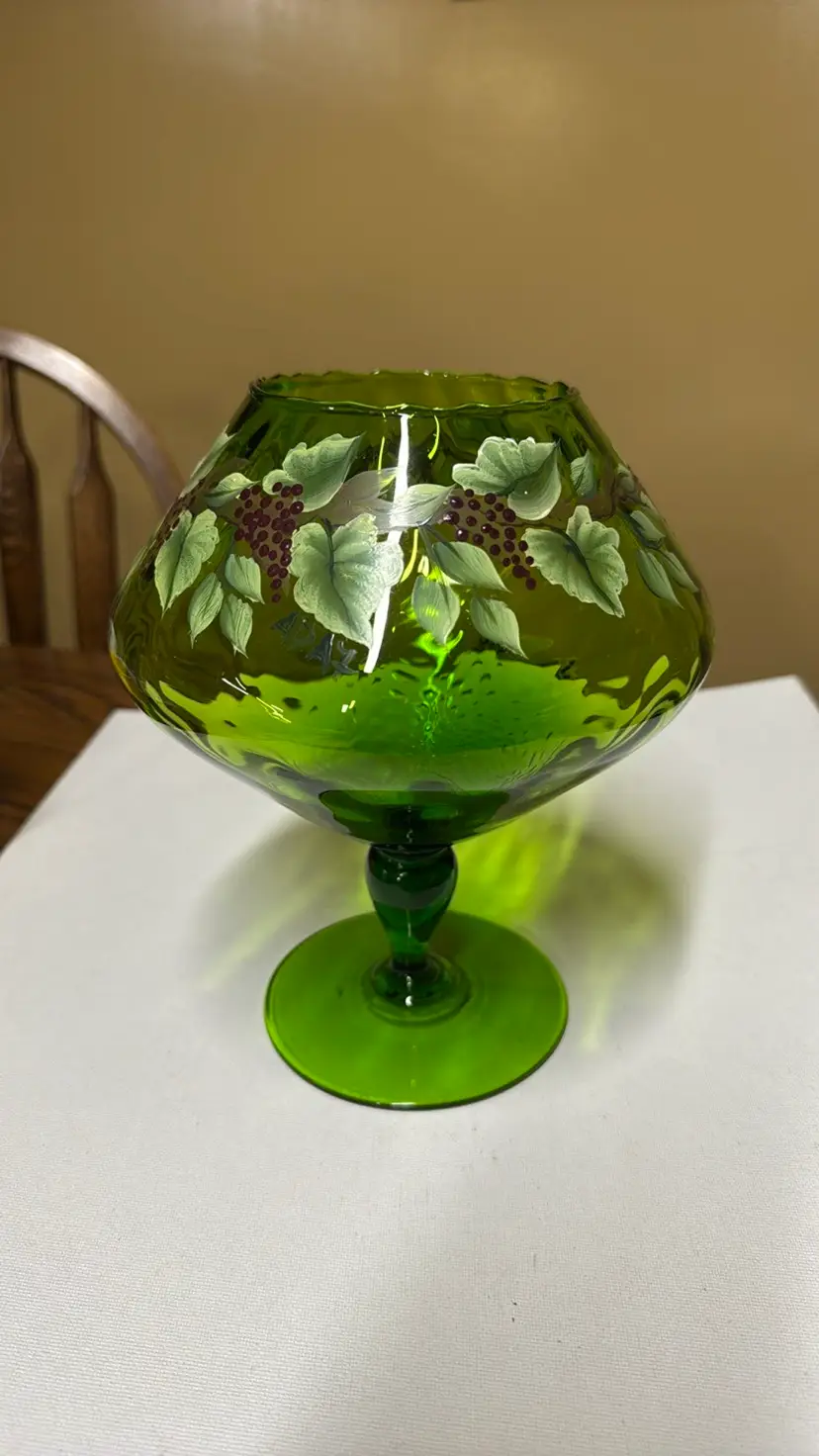 Green Glass Empoli Hand Blown Footed Bowl snifter hand painted by Ada Filutze