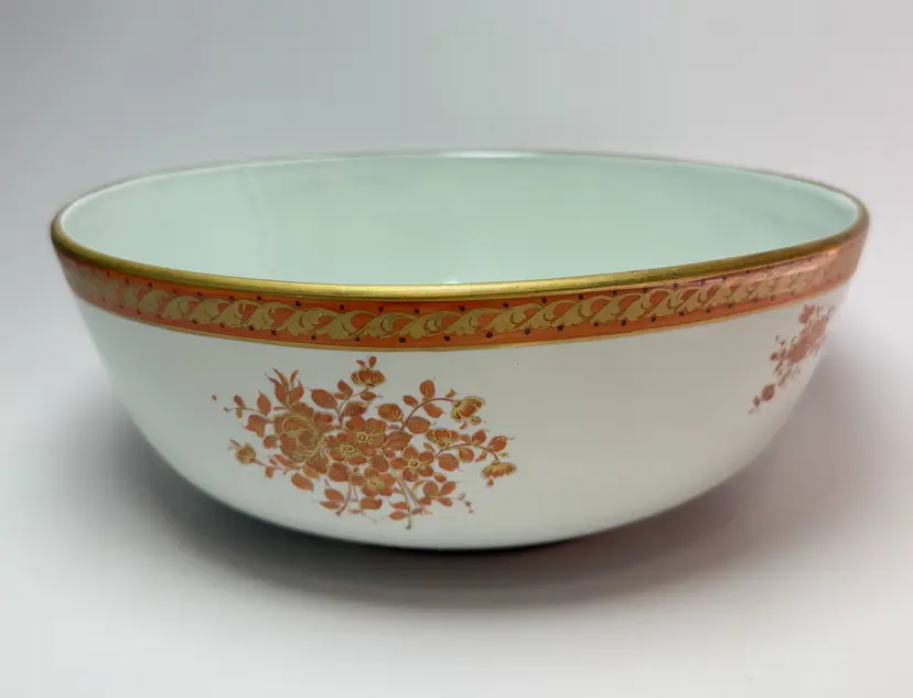 Large Vintage Mottahedeh Lowestoft Reproduction Bowl Italy Orange Gold Floral