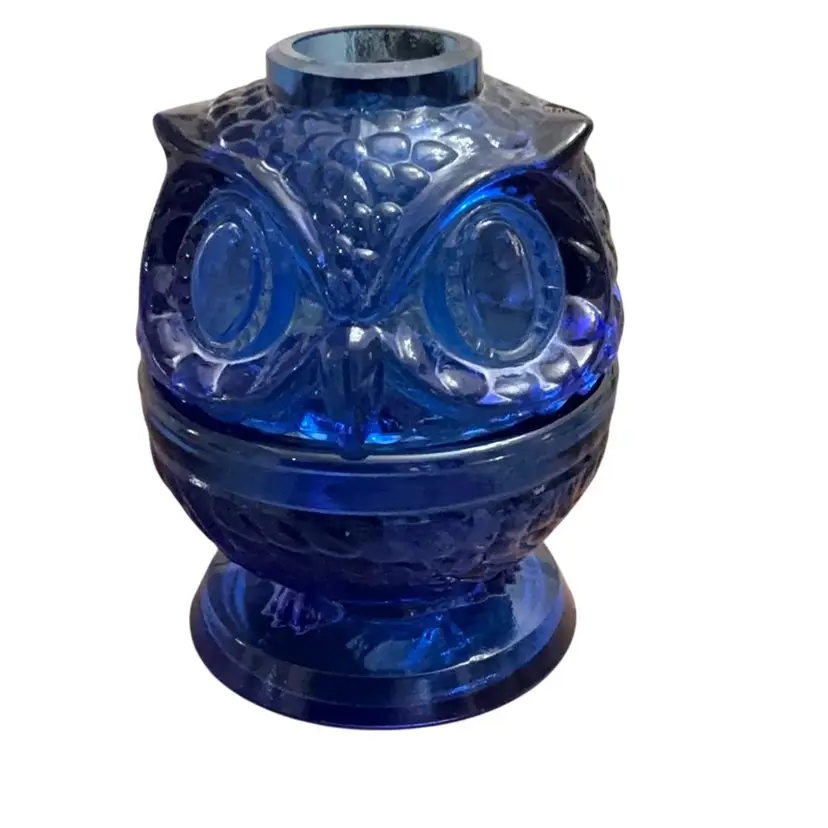 2-piece Mosser Glass (Using The Fenton Mould) Cobalt Blue Owl Fairy Light 4 1/2” X 3”- GLOWS!
