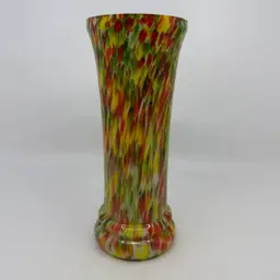 Vintage Bohemian Spatter Cased Art Glass Vase Adventurine Green Sparkle Made In Czechoslovakia