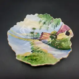 Vintage Japan Handpainted Beach Ocean Palm Tree Trinket Dish