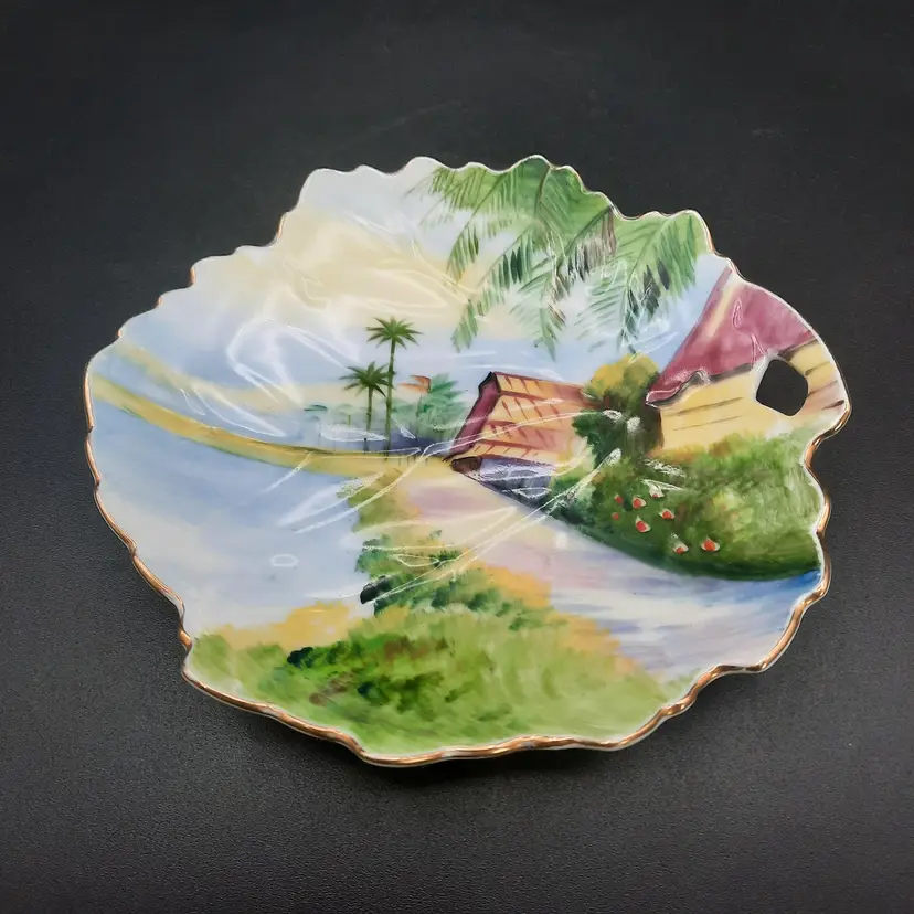 Vintage Japan Handpainted Beach Ocean Palm Tree Trinket Dish