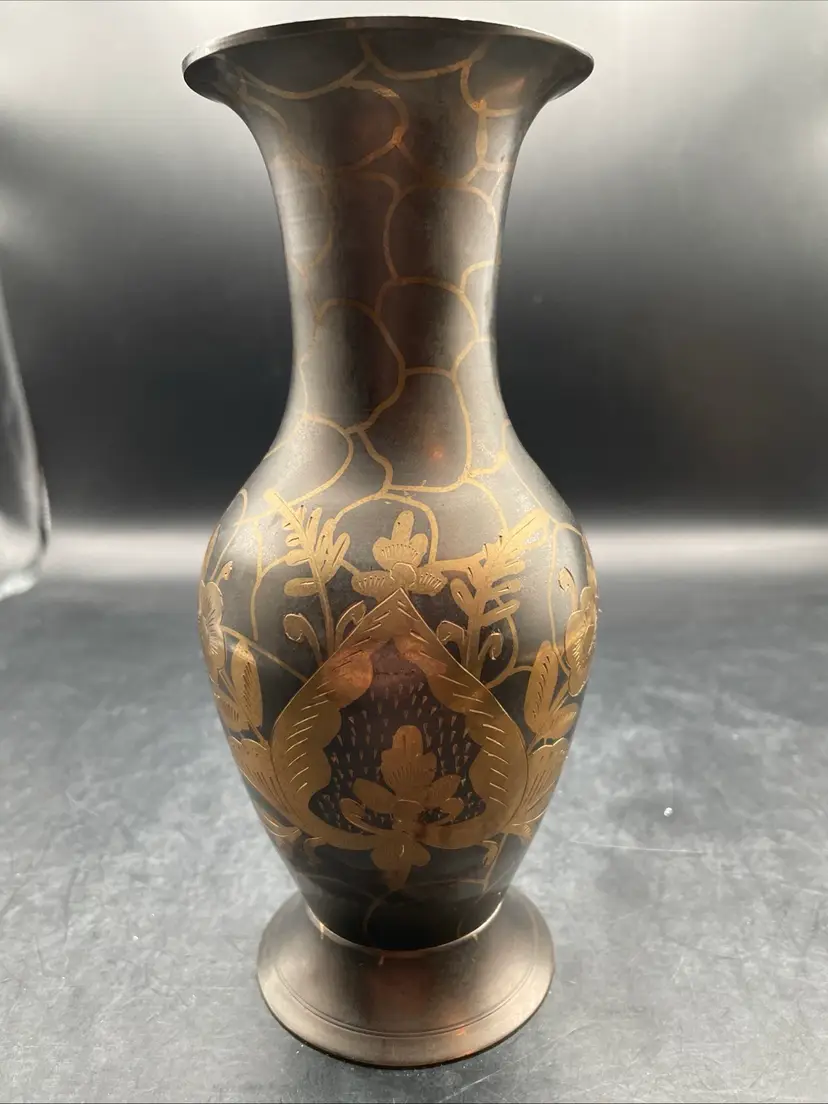 VTG Etched Brass Vase 8” Tall Made In India