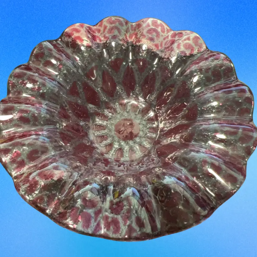 Small Art /fused Glass Trinket Dish, 4”. Hot Pink Tones, Ruffled Edge, Artist Signed
