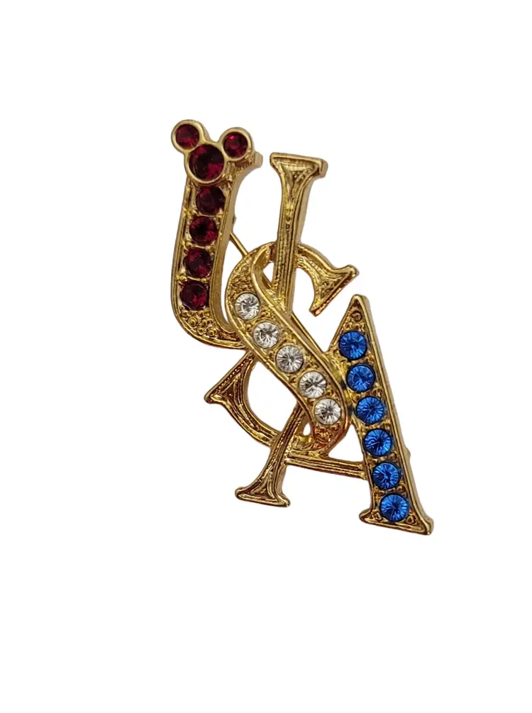 Disney Mickey Mouse Red Blue Clear Rhinestone USA Patriotic Pin, Signed E730