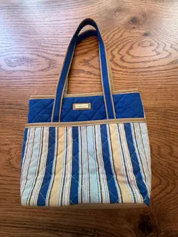 Longaberger Blue and Tan Tote with Nautical Stripes