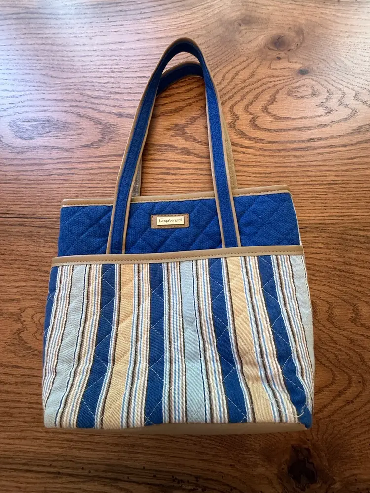 Longaberger Blue and Tan Tote with Nautical Stripes