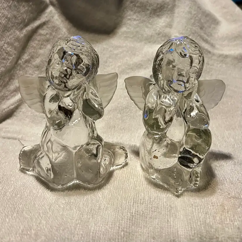 Pair Of Candle Holder Glass Cherub Angel Figurine Frosted Wings 4.25-in Tall