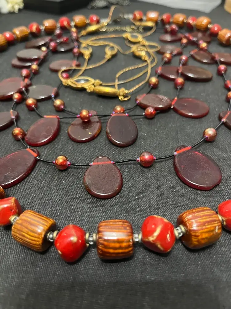 3 Piece Necklace Lot Unique Red Glass Beads And Goldtone Metal