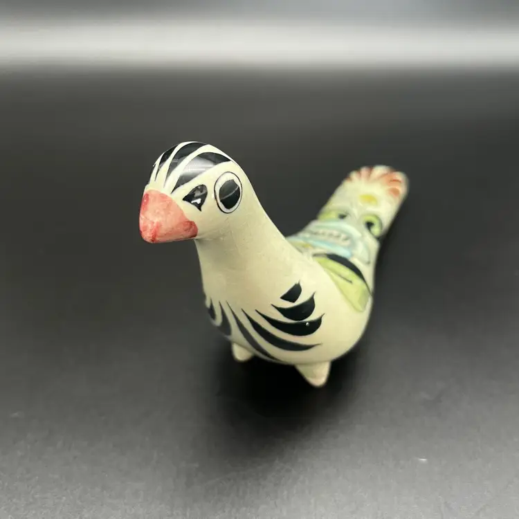 Vintage Mexican Tonala Pottery Hand Painted Stylized Bird Sculpture Folk Art Signed