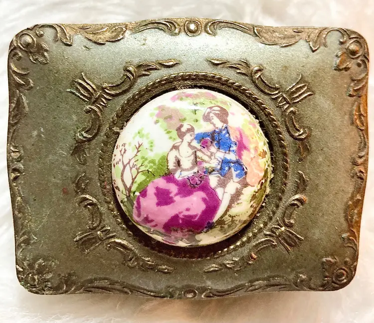 Trinket Box Floral Cameo & Silver Lined Vintage Japan Pill Box