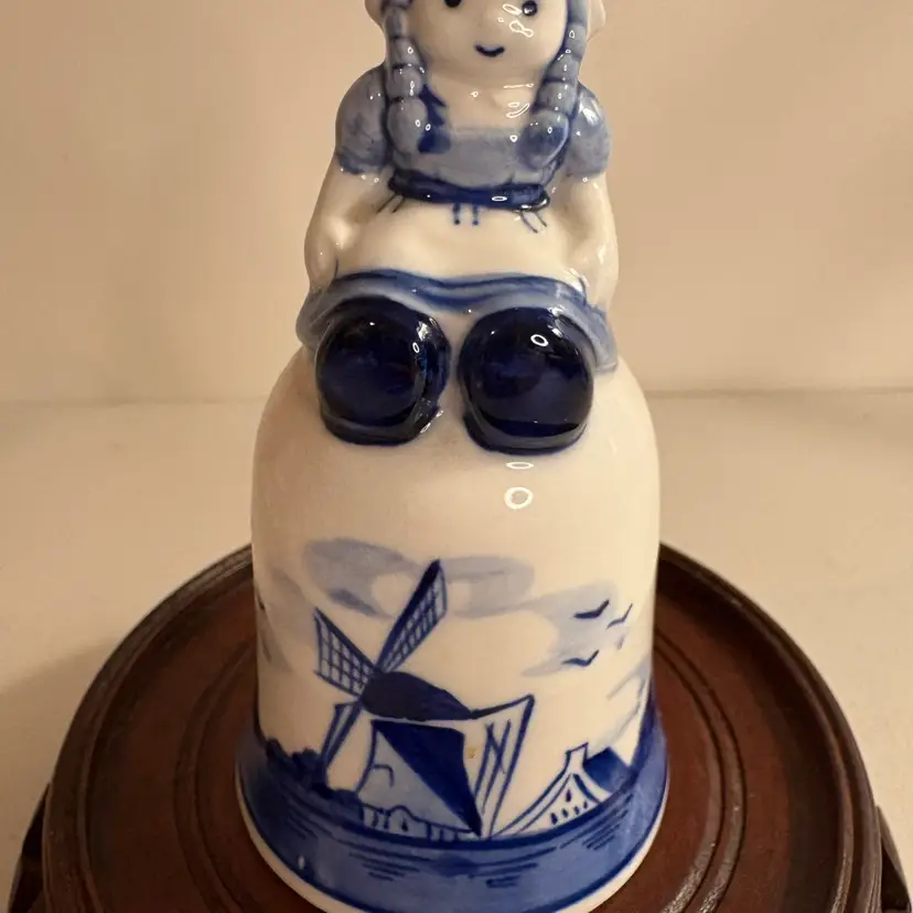 Delft Blue Hand Painted Dutch Girl and Windmill Bell
