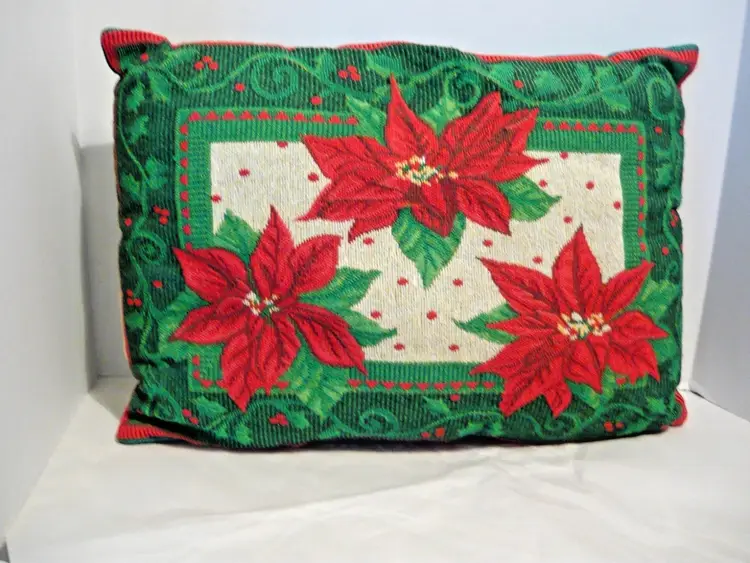 Christmas Tapestry Pillows Pair 12x17 Poinsettia & Reindeer Throw Lumbar Pillow