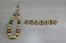 Vintage Doncaster Necklace & Bracelet Chunky Green & Brown Cabochon Set