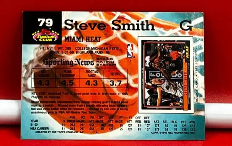 1992 Stadium Club Collector Basketball Trading Card Heat Steve Smith #79
