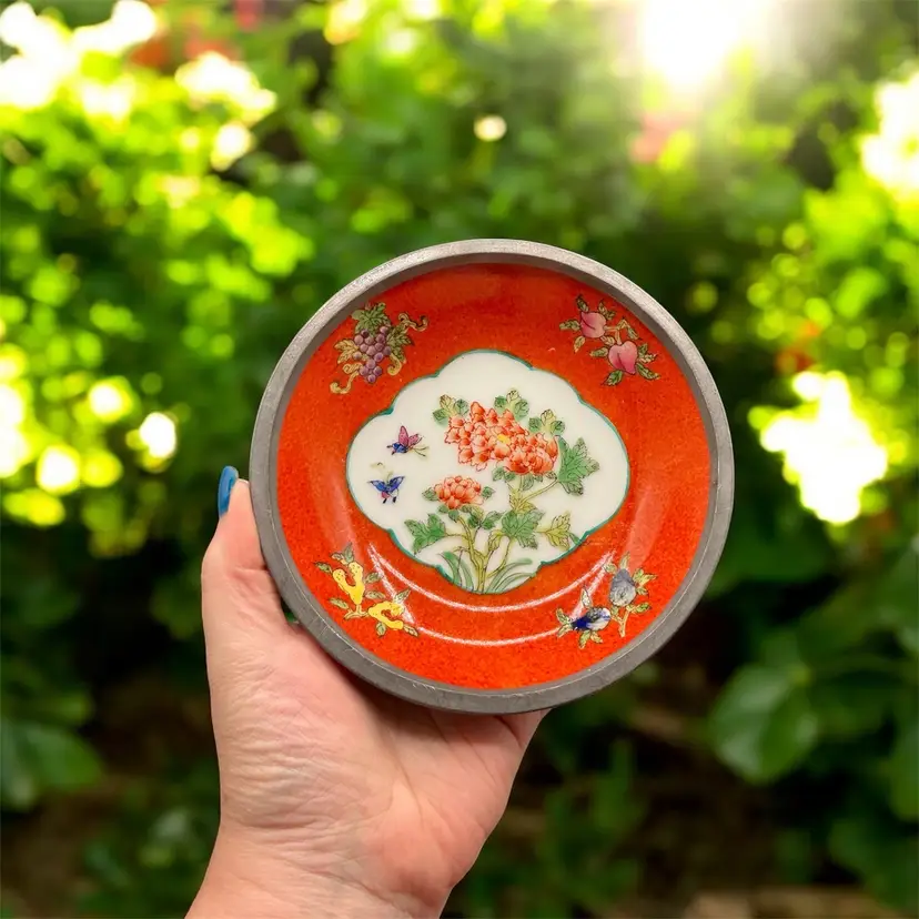 Canton Ware Enamel & Metal Ashtray Hand Painted 6” Diameter