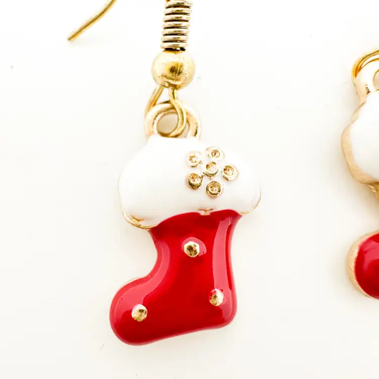 Christmas Earrings Stocking Enamel Accent Gold Tone Handmade 1.25"L
