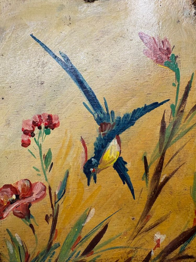Painted Bird Flying On Wood With Ornate Gold Trim 7.5” x 5.5”