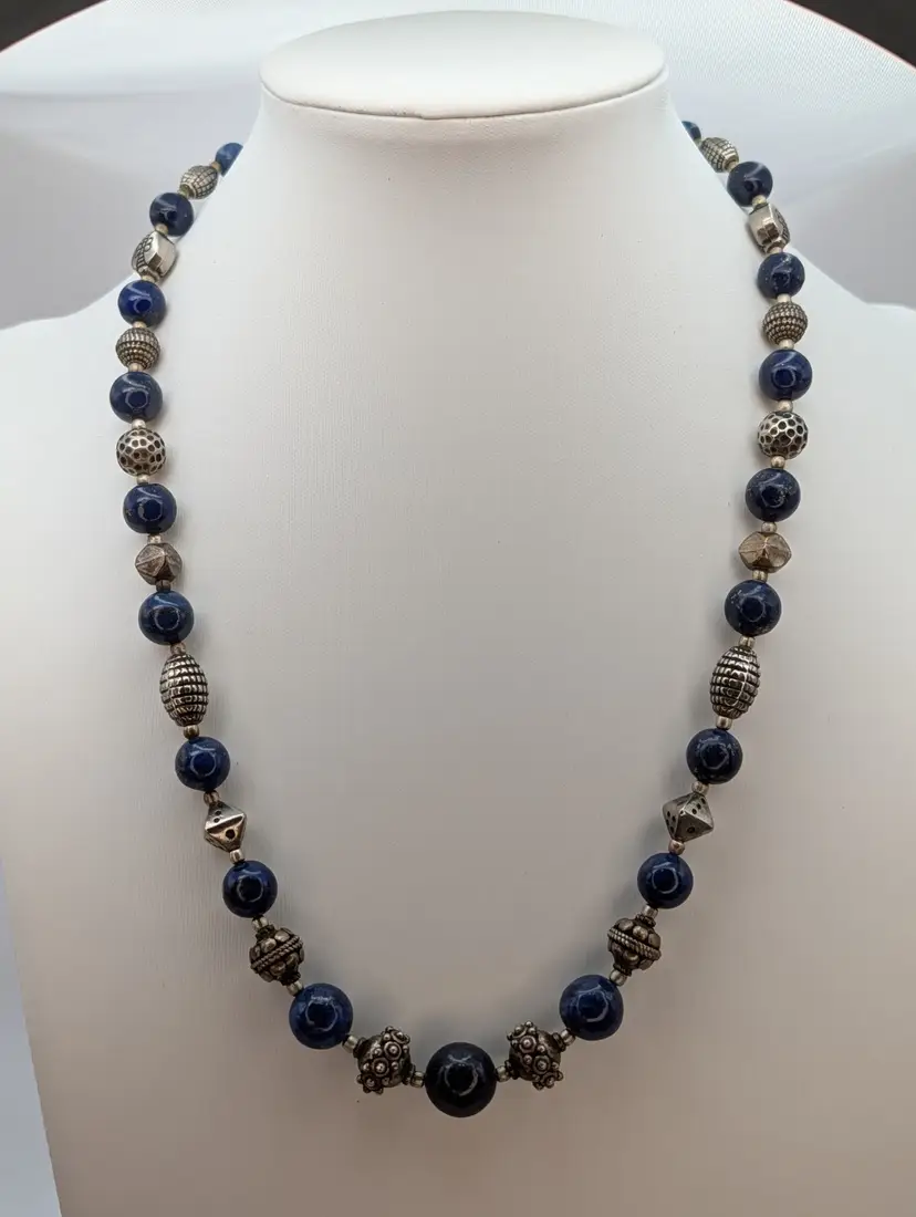 Vintage Lapis Lazuli Beaded Necklace With Some 925 Sterling READ DESCRIPTION