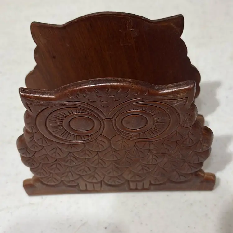 Wooden Vtg. MCM OWL Napkin/Bill Holder  Organizer 1970’s