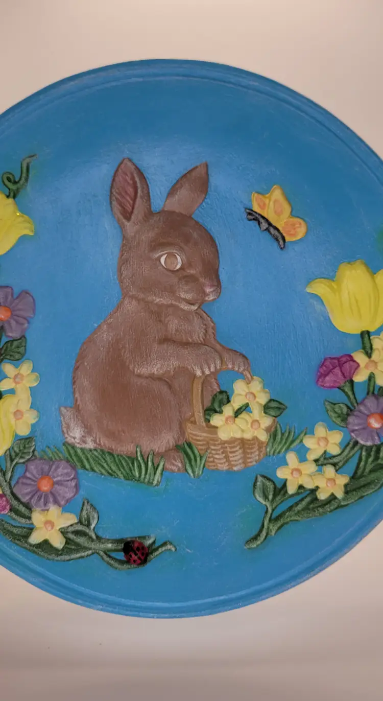Handmade Ceramic Springtime Bunny Ladybug Plate Artist Signed