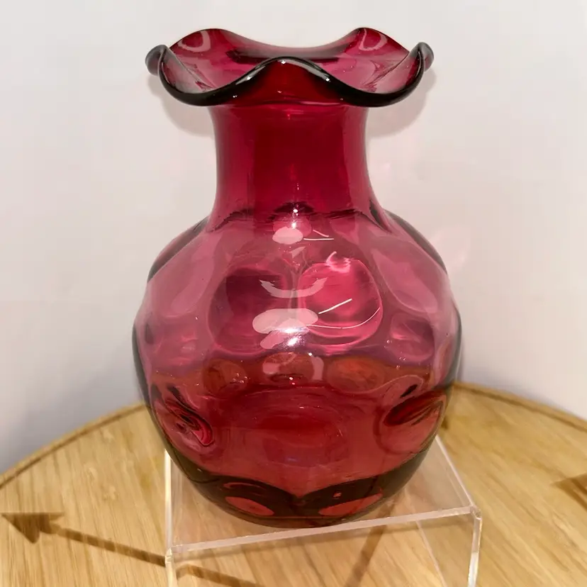Vintage Fenton Cranberry Thumbprint Ruffled Vase
