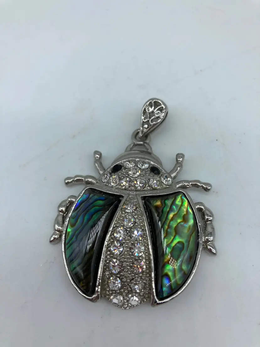#01 Abalone Shell Flying Bug Pendant with Rhinestones Silver