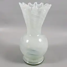 Hand Blown White Swirl Crimped Neck Art Glass Vase